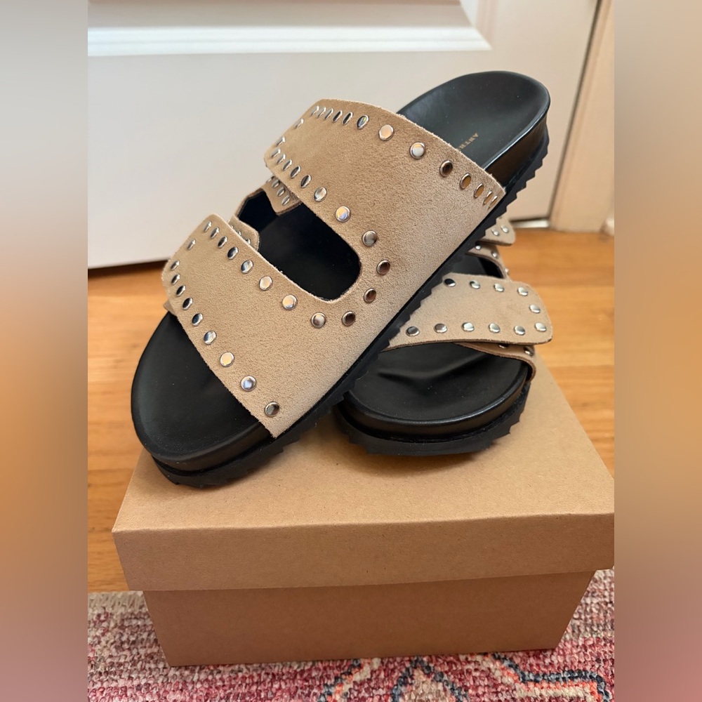 Anthropologie Tan Double-Strap Stud Slide Velcro Sandals